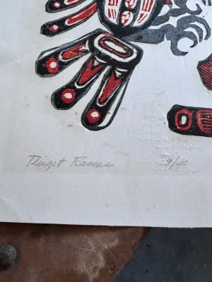 Sale Photo Thumbnail #175: An original limited edition woodblock or linocut print titled "Tlingit Ravens" by artist Dorothy Mandel. Hand-signed in pencil by the artist on the lower right, titled on the lower left, and numbered 9/40. The artwork features Northwest Coast Indigenous s