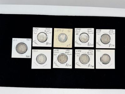 LOT 78: Collection of 90% Silver US Barber Dimes - 9 Coins