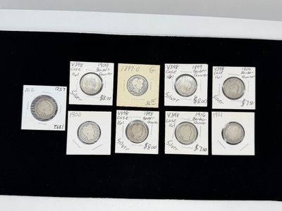 LOT 78: Collection of 90% Silver US Barber Dimes - 9 Coins