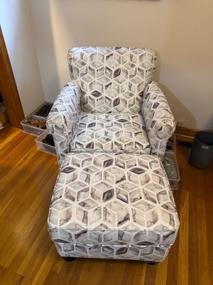 Sale Photo Thumbnail #23: Contemporary armchair and matching ottoman featuring a geometric, three-dimensional cube pattern in neutral gray and beige tones.