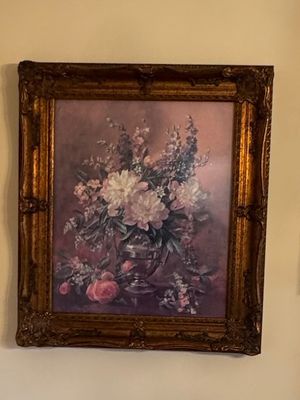 Sale Photo Thumbnail #10: Still life floral painting depicting pink and white flowers in a silver vase, housed in an ornate, gilded wood frame.