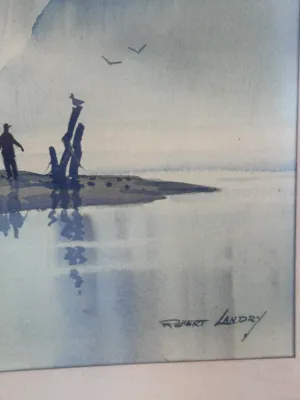 Robert Landry Signed Watercolor Painting - Coastal Harbor Scene