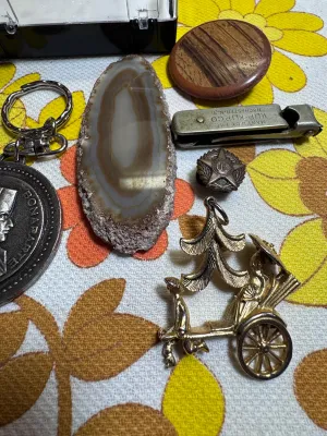 Vintage Collectibles Lot: Napoleon Paris Keychain, US Pin, Agate & Ephemera