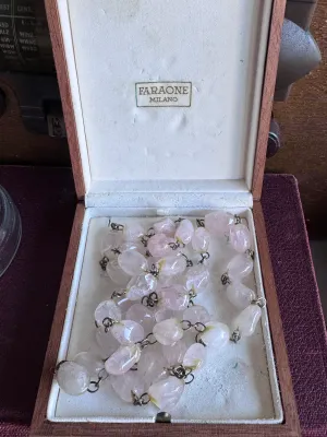 Vintage Faraone Milano Rose Quartz Bead Necklace in Original Wooden Box