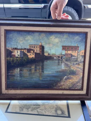 Janette Johnson Signed Original Oil Painting - Yahara River flowing through downtown Stoughton, Wisconsin.