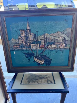 V. Lambusic Mid-Century Harbor Scene Oil Painting