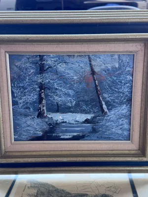 M. Brown Signed Winter Forest Stream Oil Painting in Wood Frame