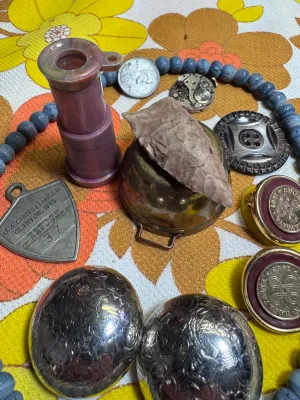 Vintage Collectibles Lot: Finnish Cufflinks, Watch Movement, Key Tag, Arrowhead