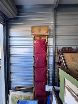 Vintage Adirondack Industries Wooden Toboggan Sled with Red Cushion
