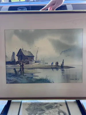 Robert Landry Signed Watercolor Painting - Coastal Harbor Scene