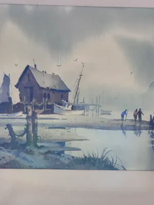 Robert Landry Signed Watercolor Painting - Coastal Harbor Scene
