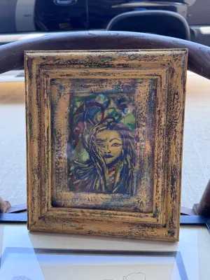 Original Signed Abstract Portrait Painting in Hand-Painted Gold Frame
