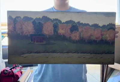 Original Folk Art Landscape Painting on Canvas, Signed JRO