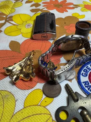 Vintage Collectibles Lot: Wyler Watch Case, Ronson Lighter, Coins & Pins