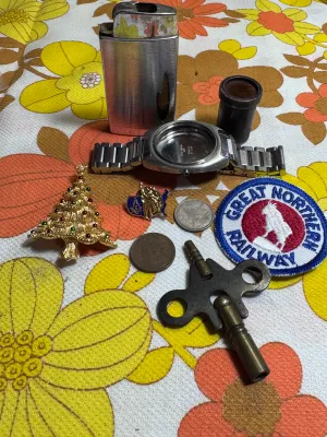 Vintage Collectibles Lot: Wyler Watch Case, Ronson Lighter, Coins & Pins