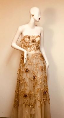 HAYDEE GARCIA-ROSS Custom Strapless champagne-colored evening gown featuring intricate gold embroidery and beadwork, Perfect for your...