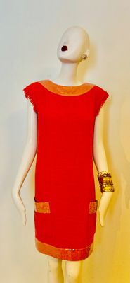 CHANEL Vintage 08' Cruise Collection coral boucle & sequins dress with  sequined trim on the collar, pockets, and hem. A...