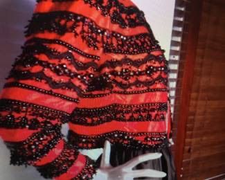 Vintage 80's  cropped red   shantung silk bolero jacket,featuring horizontal bands of black lace, sequins, and beadwork. MINT