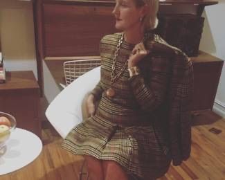 Vintage Tweed Ingenue Wool Pleated Long Sleeve Dress w/Jacket. Beautifully Polished For  Winters in Miami. Worn by Alicia.

