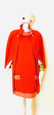 CHANEL Vintage 08' Cruise Collection- coral boucle & sequins jacket & Dress - A  documented piece- MINT !