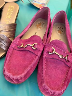 Sale Photo Thumbnail #78: Isaac Mizrahi bright pink suede loafers featuring gold-tone horsebit hardware and whipstitch detailing.