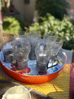 Sale Photo Thumbnail #31: Set of vintage glass tea cups with ornate metal holder