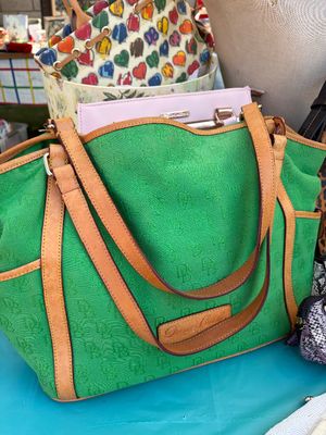 Sale Photo Thumbnail #50: Dooney & Bourke green monogram canvas tote bag with tan leather trim