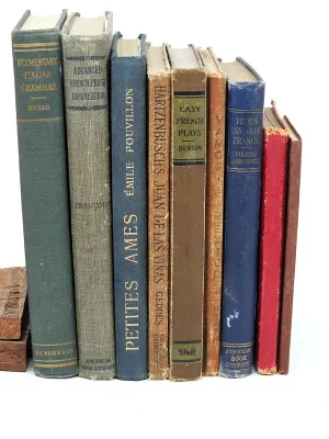 Collection of vintage foreign language textbooks and literature, including titles in French, Italian, and Spanish, showing moderate wear...