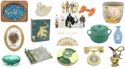 Promotional collage featuring a variety of vintage items including Star Wars action figures, a Le Creuset Dutch oven, a rotary telephone,...