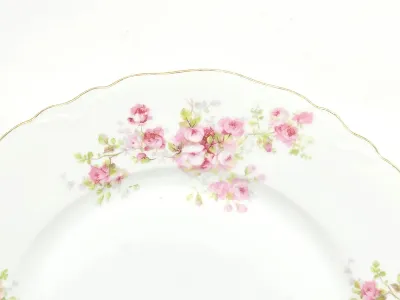 Vintage Haviland Limoges porcelain plate featuring a delicate pink rose pattern and a scalloped gold-gilt rim.