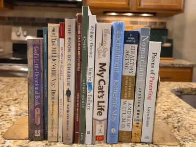 Collection of non-fiction and self-help books, including titles like "The Millionaire Next Door" and "Nomadland,"...