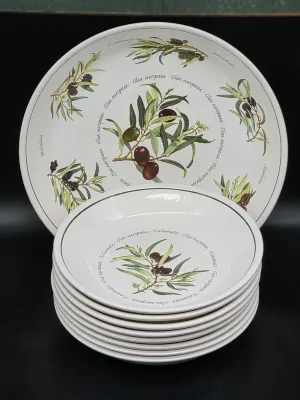 Ceramic olive-themed pasta set, including a large serving platter and a stack of eight matching shallow bowls, each decorated with...