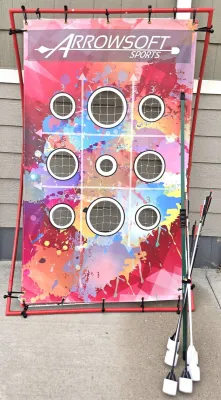 Arrowsoft Sports archery target set featuring a colorful tic-tac-toe style target on a red frame, complete with a bow and foam-tipped...