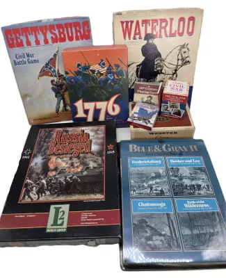 Collection of vintage historical board games and card games, including Gettysburg, Waterloo, 1776, Russia Besieged, and Blue & Gray II.