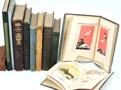 Collection of antique poetry books, including works by Tennyson and Mrs. Browning, featuring decorative cloth bindings and illustrated...
