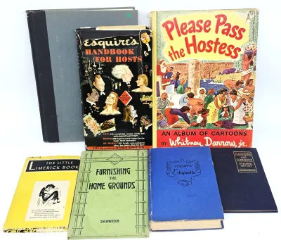 Collection of vintage books, including "Esquire's Handbook for Hosts" and Whitney Darrow Jr.'s "Please Pass the...