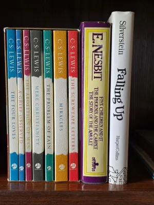A collection of vintage books including a C.S. Lewis box set, an E. Nesbit omnibus, and Shel Silverstein's "Falling Up."