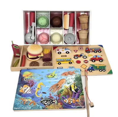 Collection of Melissa & Doug wooden toys, including an ice cream scoop set, a fast food play set, a vehicle peg puzzle, and a...