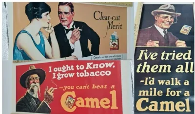 Collection of vintage Camel cigarette advertising posters featuring classic slogans and illustrations from the early-to-mid 20th century.
