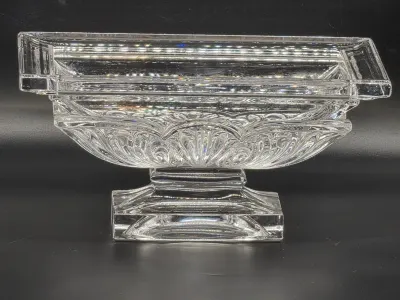 Vintage rectangular crystal pedestal bowl featuring a scalloped, fan-patterned body and a sturdy tiered base.