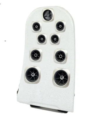 White textured hot tub jet panel insert featuring nine adjustable black and silver massage jets.
