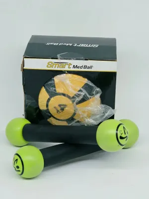 Smart Med Ball in its original packaging, paired with two green and black Zumba toning sticks.