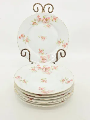 Set of six antique porcelain plates featuring delicate pink rose floral patterns and scalloped gold-trimmed rims, displayed on a metal...