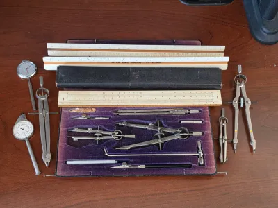 Vintage drafting and technical drawing set, including a velvet-lined case with various compasses, dividers, slide rules, and dial...