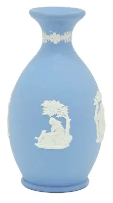 Wedgwood light blue jasperware bud vase featuring white neoclassical relief scenes of figures under trees.