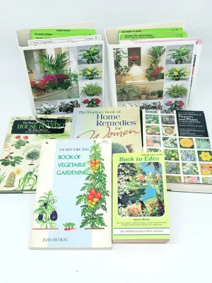 Collection of vintage gardening and home remedy books, including "The New York Times Book of Vegetable Gardening" and two...