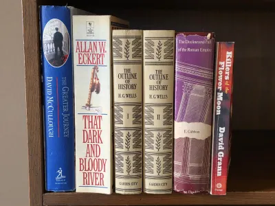 A collection of history and non-fiction books on a wooden shelf, including a two-volume set of H.G. Wells' "The Outline of...