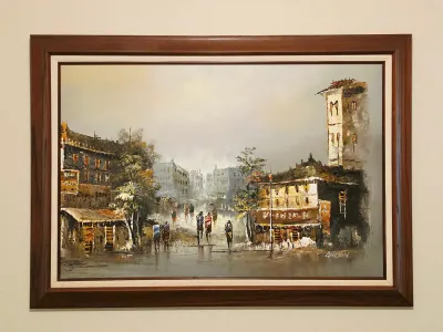 Mid-century impressionist oil painting on canvas depicting a bustling European street scene, signed 'Wilson' and housed in a...