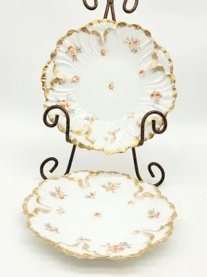 Pair of antique porcelain plates featuring delicate floral motifs, scalloped edges, and ornate gold-gilt trim, displayed on a metal stand.