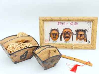 Korean traditional decorative items, including a framed set of three miniature wooden masks (Bune, Yangban, and Kakshi), two rustic...